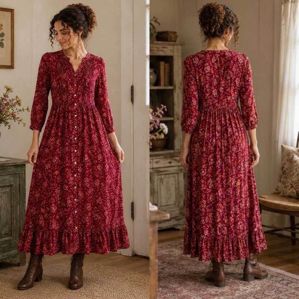 April Cornell Burgundy Floral Prairie Maxi Dress Pintuck Boho Cottagecore Size S - Picture 12 of 12